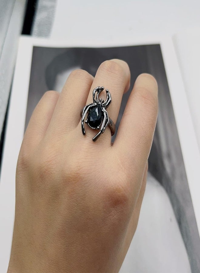 eartif Spider Rings for Women Men Vintage Gothic Black Gem Knuckle Ring Adjustable Open Couple Rings Halloween Party Favors (Black) - Image 3